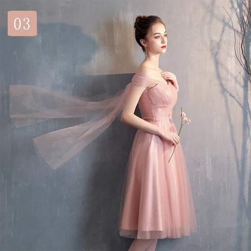 Bridesmaid Dress Tea-Length Tulle With Built-In Bra, V-Neck Pleated Design For Prom And Wedding Dress