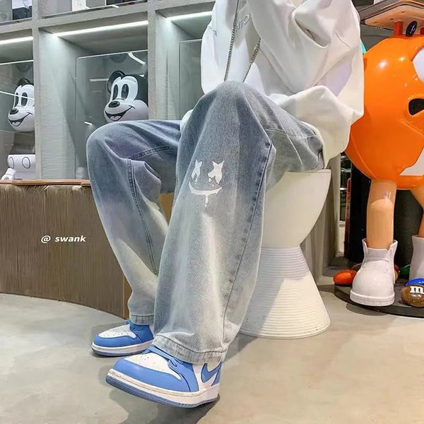 Male Straight Vintage Gradient Washed Denim Baggy Jeans Fashion Hip Hop Streetwear