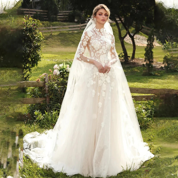 Vintage High Neck Full Sleeves Lace Applique Tulle Wedding Dresses A Line Cut Back Train