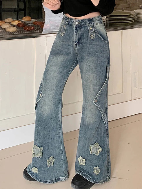 Fashion Blue Denim Pants Women Embroidery Star High Waist Slim Bell Bottoms Streetwear Vintage Kpop