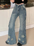 Fashion Blue Denim Pants Women Embroidery Star High Waist Slim Bell Bottoms Streetwear Vintage Kpop