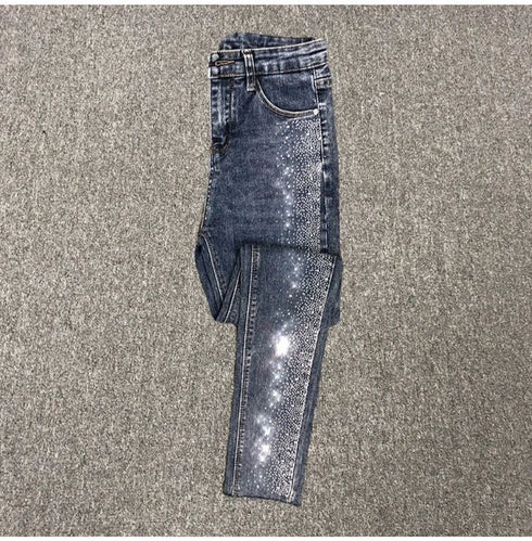 Fashion Rhinestone Jeans Female High Waist Slim Pencil Pants