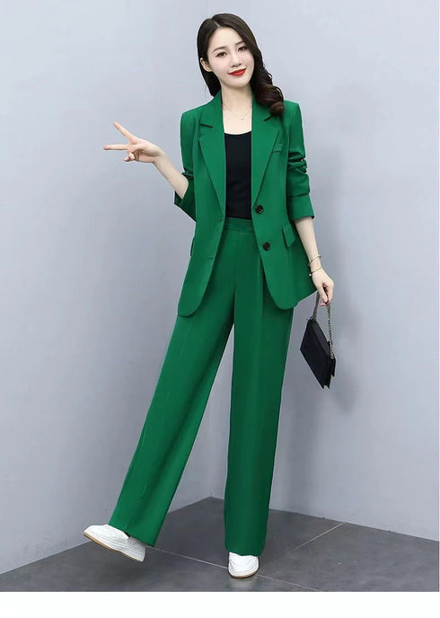 Chic Women's Blazer and Wide Leg Pants 2 Piece Set - Stylish Office Lady Casual Loose Suit Jacket and Trousers Outfit for Spring and Autumn