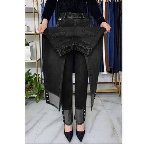 Elastic Waist Jeans For Women High Waist Wide Leg Denim Pants Loose Fit Casual Trousers
