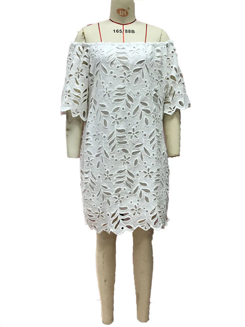 Summer Chic Off Shoulder Loose Dress Cute Sweet Style Girls Flower Lace Retro Vintage Cotton Blends Midi Dress