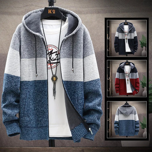 Men's Fleece Knit Sweater Coat with Stripes - Stylish Casual Jackets and Hoodies for Winter and Autumn, Thick Warm Windbreaker Pullovers for Everyday Wear