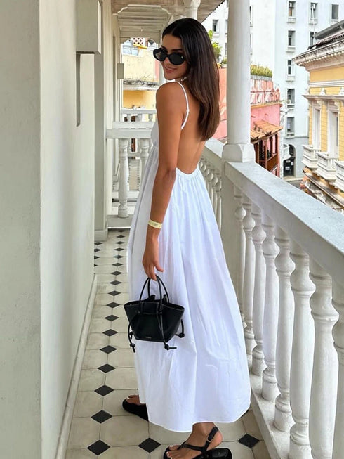 Chic Backless Midi Dress - Sleeveless V Neck Summer Beachwear for Women