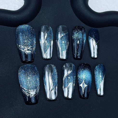 10-Piece Handmade Press-On Nail Set with Full Coverage, Shiny Cat Eye Design, Moon Rhinestones, and French Square Shape for a Stunning Autumn and Winter Look