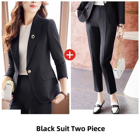 Korean Elegant Casual Blazer Coat and Flare Pants Two-Piece Women's Suit Set for Autumn/Winter Fashion