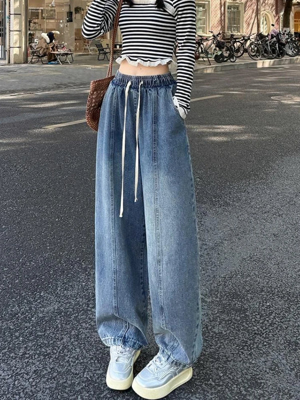 High Waist Wide Leg Denim Jeans For Women Floor Length Harem Style With Pockets Detail