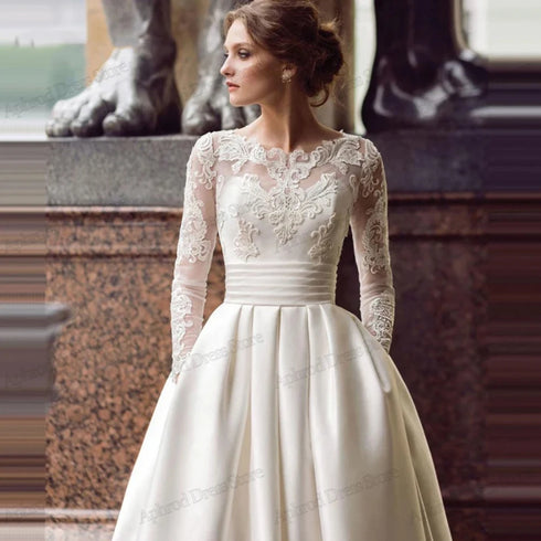 Elegant Satin Wedding Dress With Vintage Lace Appliques Back Lace Up Floor Length