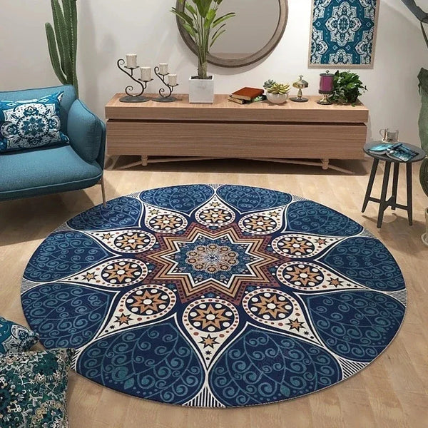 Vintage Persian Round Rug Ethnic Bohemian Floor Mat for Living Room and Bedroom Decor