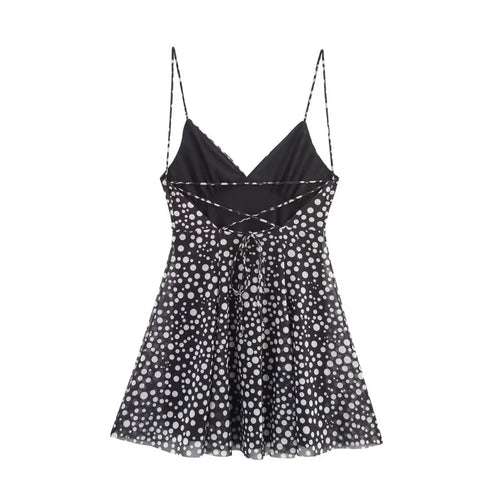 TRAF Women's Vacation Style Printed Silk Mesh V Neck Halter Mini Dress