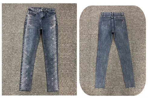 Fashion Rhinestone Jeans Female High Waist Slim Pencil Pants