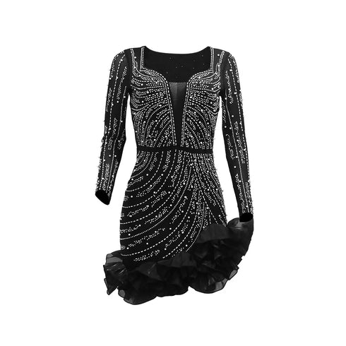 Long Sleeve V Neck Transparent Club Dress with Diamonds