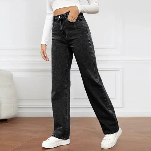 Denim Jeans Women Straight Pants High Waist Loose Basics Ankle Length Y2k Streetwear Slight Stretch
