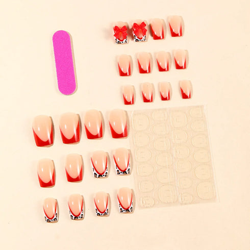 24pcs Chic French Style Press On Nails with Leopard Print Edges and 3D Bowknots for a Sweet and Cool Look - Short Square Fake Nail Tips for Parties