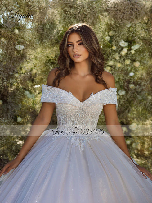 Liyuke Elegant Princess Ball Gown Wedding Dresses With Beading Appliques Lace Off Shoulder For Brides