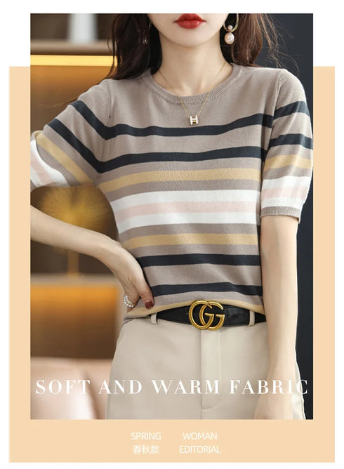 Summer Short Sleeve Women's O Neck Slim Cotton Striped Pullover Knit Sweater Top