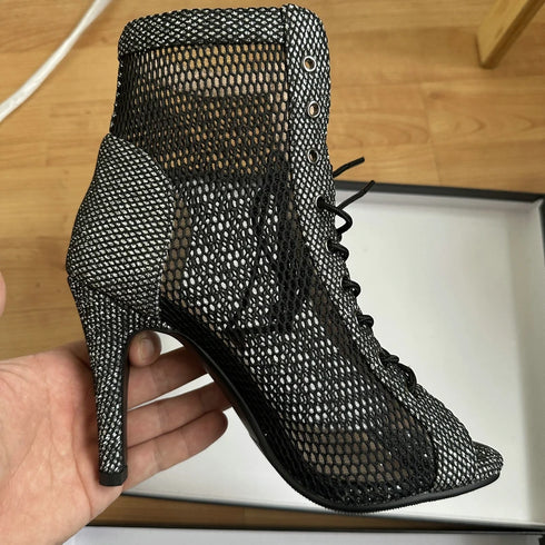Sexy High Heels Hollow Mesh Sandals for Summer Fashion Comfort Peep Toe Stilettos Jazz Dance Female Shoes Plus Size