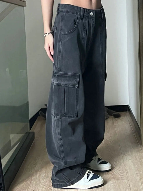 Autumn Women Harajuku Cargo Baggy Jeans Wide Leg Streetwear