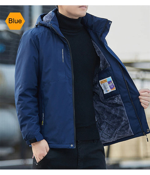 Plush Waterproof Autumn Winter Jacket for Men - Casual Windproof Coat with Detachable Hood and Rib Sleeves, Perfect for Daily Wear and Spring Cotton Comfort