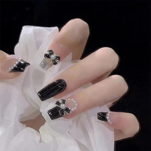 24Pcs Long Acrylic Ballet Fake Nails with Rhinestone Chain Design - Full Cover Press-On Nail Tips for Stylish Nail Art Enthusiasts