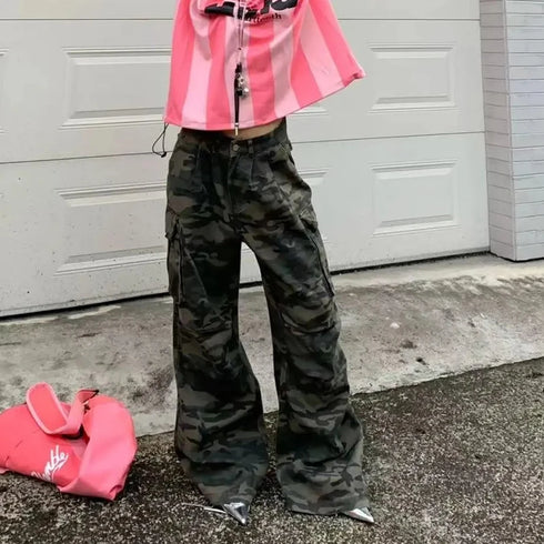 Women Y2K Camouflage Cargo Jeans Vintage High Waist Pants