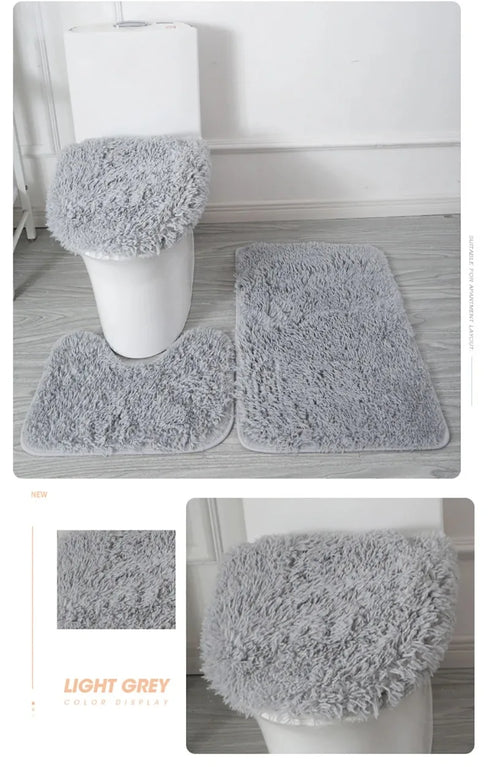 3 Piece Solid Color Bathroom Carpet Set Non-Slip Toilet Lid Cover Rugs Kit