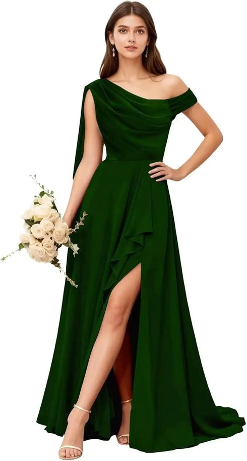 Bridesmaid Dress One Shoulder Chiffon With Pleated Ruffles A-Line Floor-Length Slit Bridal Dress