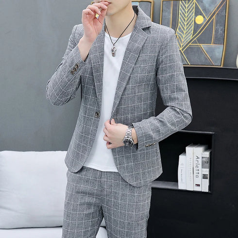 Korean Slim Fit Two-Piece Suit Set for Men Casual Trendy British Style Coat and Trousers