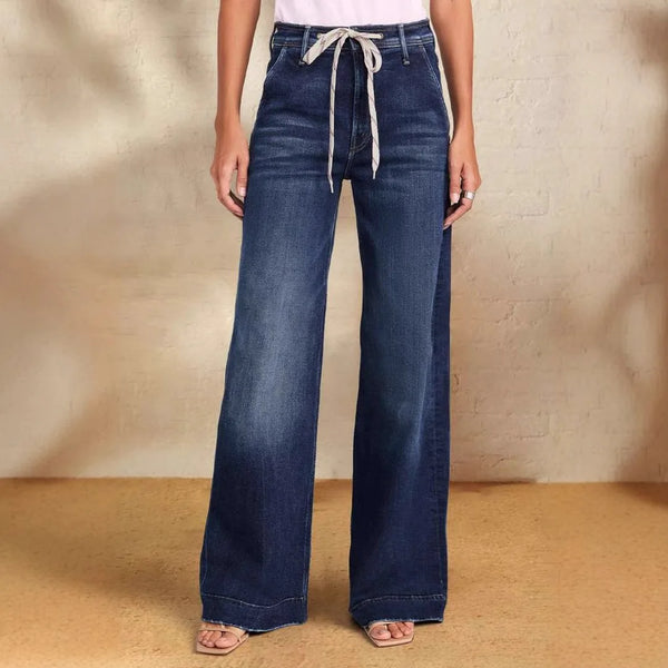 Denim Wide Leg Jeans With Lace Up High Waist Distressed Streetwear Women Jeans