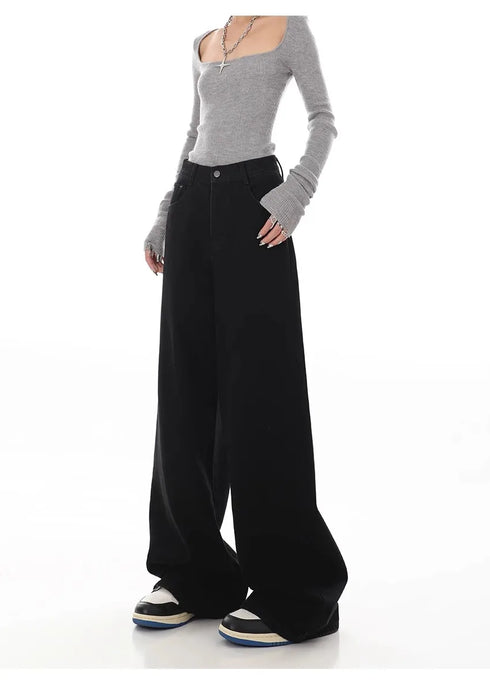 Stylish Wide Leg Black Jeans for Women - Embrace Korean Fashion Streetwear with Baggy Straight Denim Pants Perfect for Fall Outfits and Casual Days