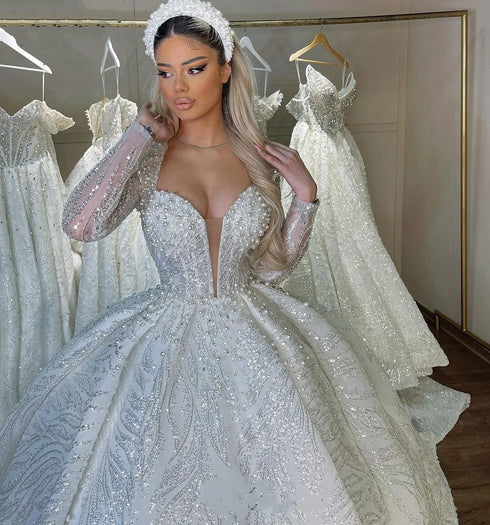 Customized Dubai Wedding Dress More Pearls Sequins Bridal Ball Gowns V Neck Long Sleeves