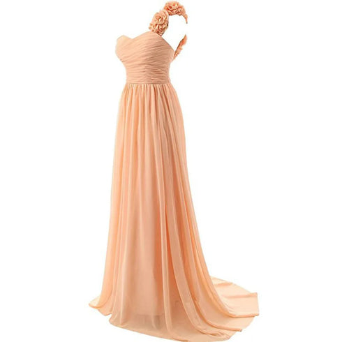 Chiffon Off-Shoulder A-Line Dress With Floral Pleats Floor-Length Corset Back Bridesmaid Dress