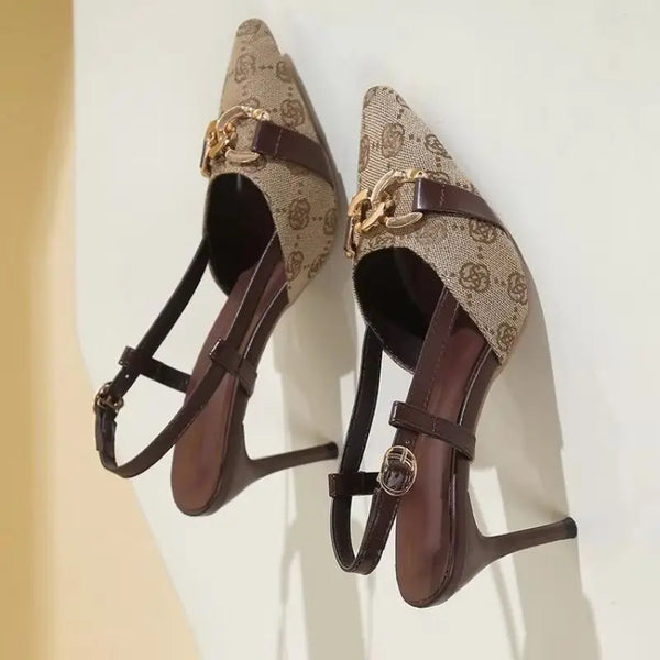 Women Pointed Toe Metal Buckle High Heel Anti Slip Sandals