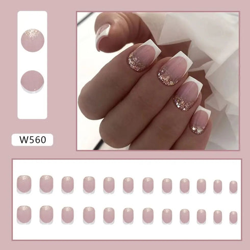 24pcs Glittering French Square Acrylic False Nails with Wavy Design - Full Cover Detachable Nail Tips for Stunning Nail Art