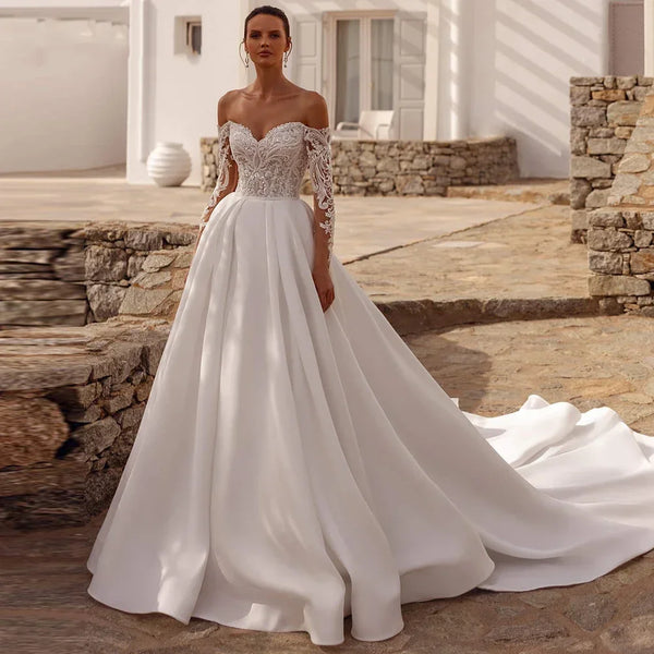A-Line Satin Wedding Dress With Lace Long Sleeves And Illusion Applique Details