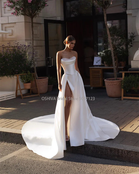 Simple Wedding Dresses Customized Bridal Gowns Sweetheart Neck High Split Elegance Perfect Fit