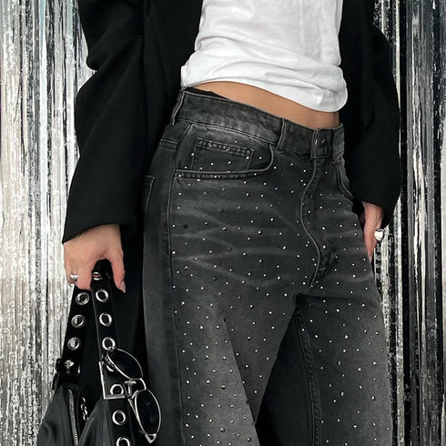 Stylish Casual Straight Leg Jeans for Women with Rhinestone Details - Perfect for Fall Outfits and Everyday Wear