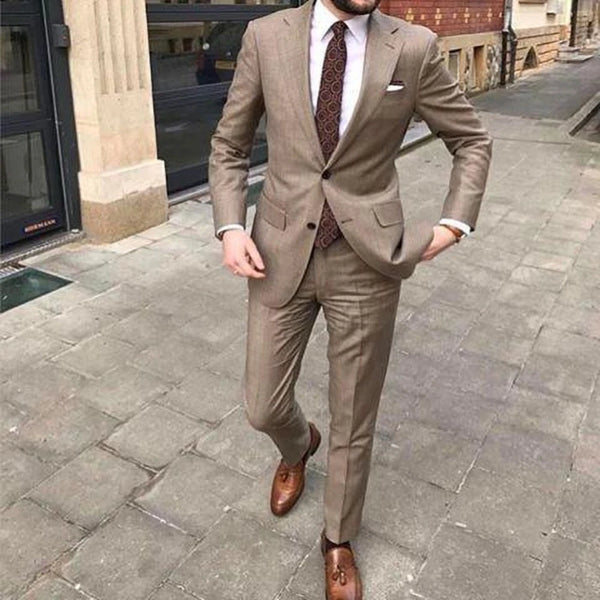 Slim Khaki Men Suits Two Piece Summer Fashion Notch Lapel Chic Business Casual Wedding Set