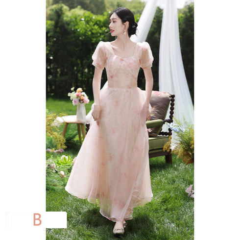 Off Shoulder Bridesmaid Dress Elegant Bubble Sleeve Floral Print Aline Gown For Party