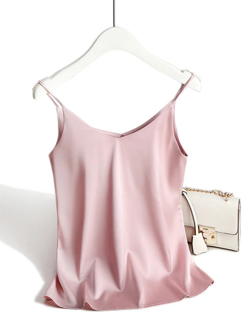 Spaghetti Strap Satin Silk Tank Top Women Sleeveless Halter V Neck Camisole Summer Casual Cami