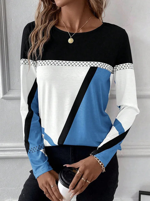 Casual Women's Geometric Print Long Sleeve T-Shirt Loose Fit O-Neck Tee