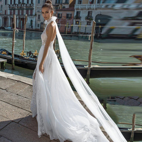 Charming Lace Halter Bridal Gown with Elegant Appliques and Backless Design