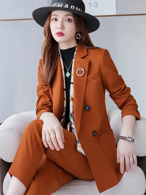 Stylish Women's Formal Pant Suit Set for Office Business Wear - Elegant Blazer and Trouser Ensemble with Pockets, Perfect for Autumn/Winter