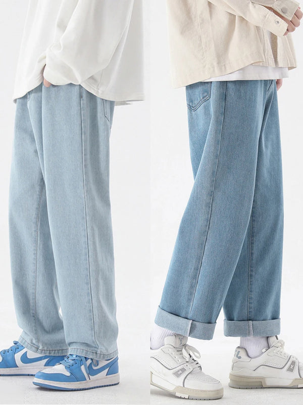 Casual Men's Jeans Ankle Length Denim Straight Wide Leg Jeans