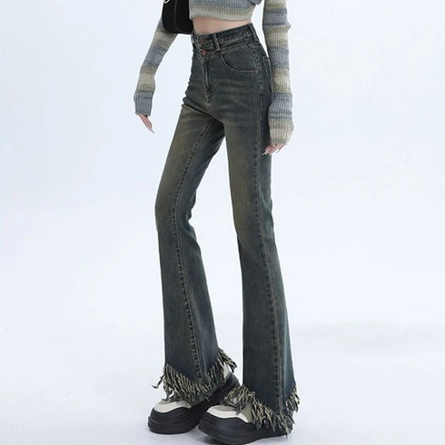 Ripped High Waist Flared Jeans For Women Retro Denim Trousers Casual Street Style Classic Fit