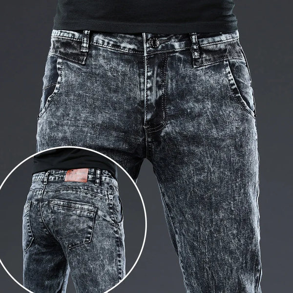 Classic Korean Fashion Men Skinny Retro Snowflake Design Denim Pants