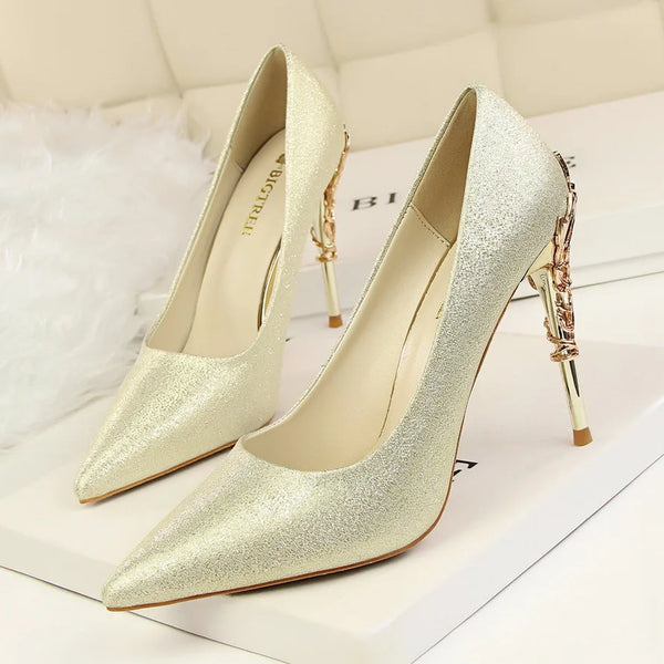 Woman Metal Heels Satin Silk Dress Fashion Pumps for Weddings